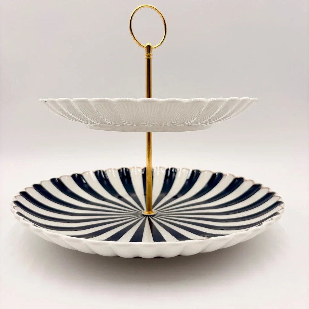 Grace Teaware Black White Striped 2 Tier Porcelain Dessert Stand Halloween